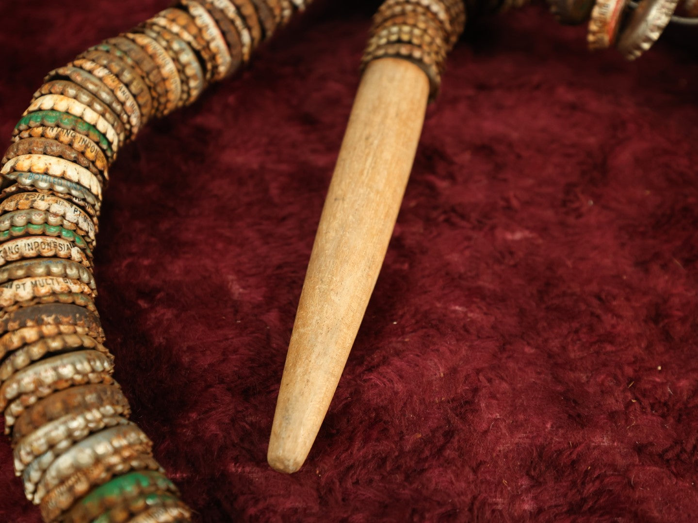 Lot 016 - Vintage Folk Art Bottlecap Snake With Carved Head And Tail, Many Bottle Caps Strung On Wire