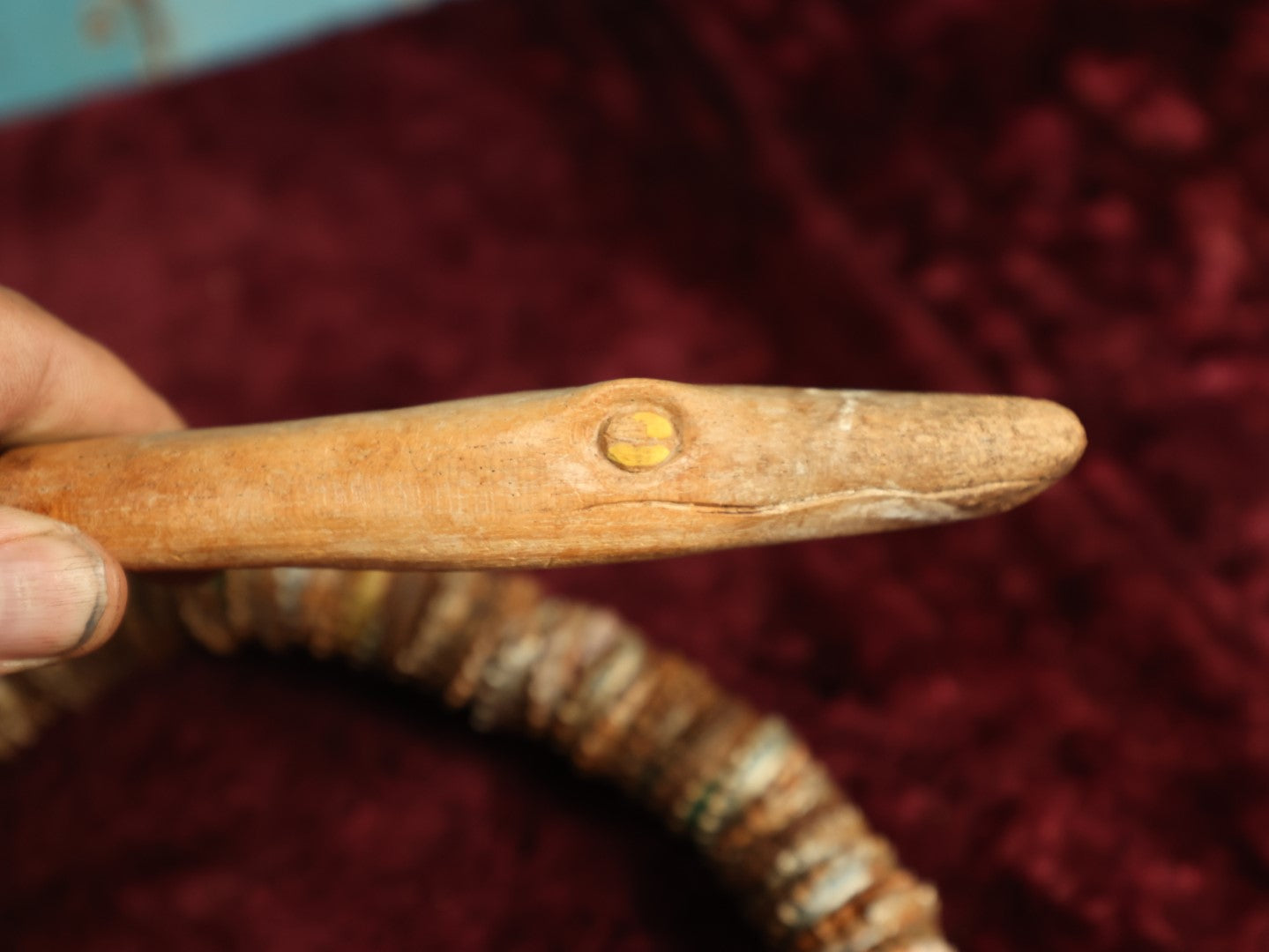 Lot 016 - Vintage Folk Art Bottlecap Snake With Carved Head And Tail, Many Bottle Caps Strung On Wire