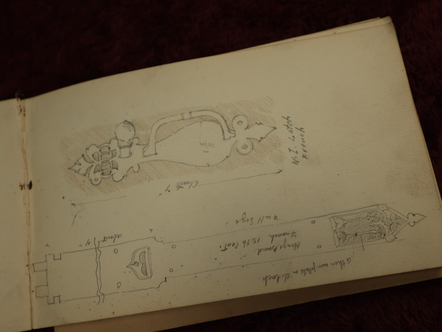 Lot 019 - Antique Architecture And Furniture Sketchbook, Containing Many Original Pencil Sketches Of Buildings, Furniture, Light Fixtures, And More, With Watercolors, Europe, Circa 1900 