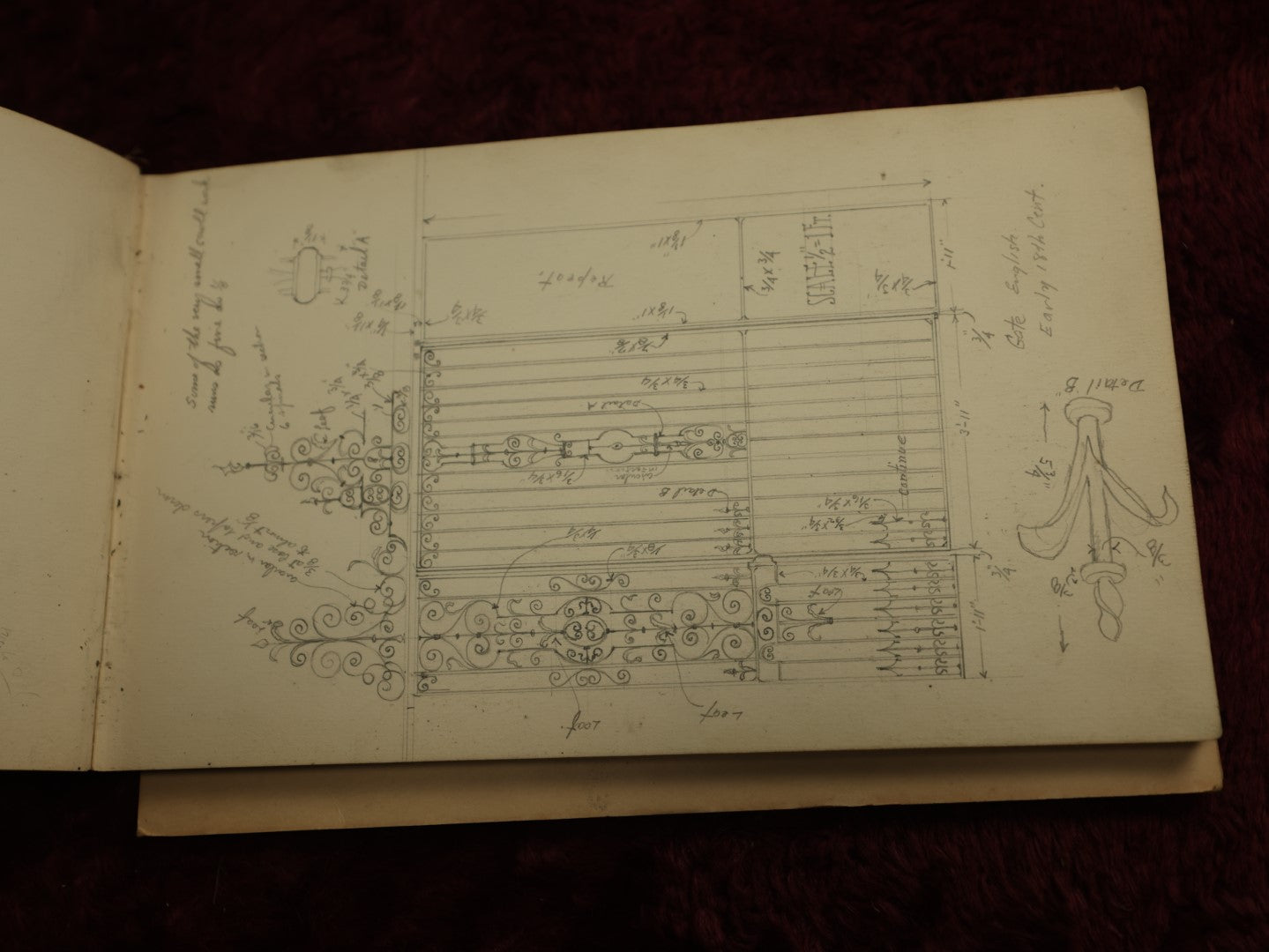 Lot 019 - Antique Architecture And Furniture Sketchbook, Containing Many Original Pencil Sketches Of Buildings, Furniture, Light Fixtures, And More, With Watercolors, Europe, Circa 1900 
