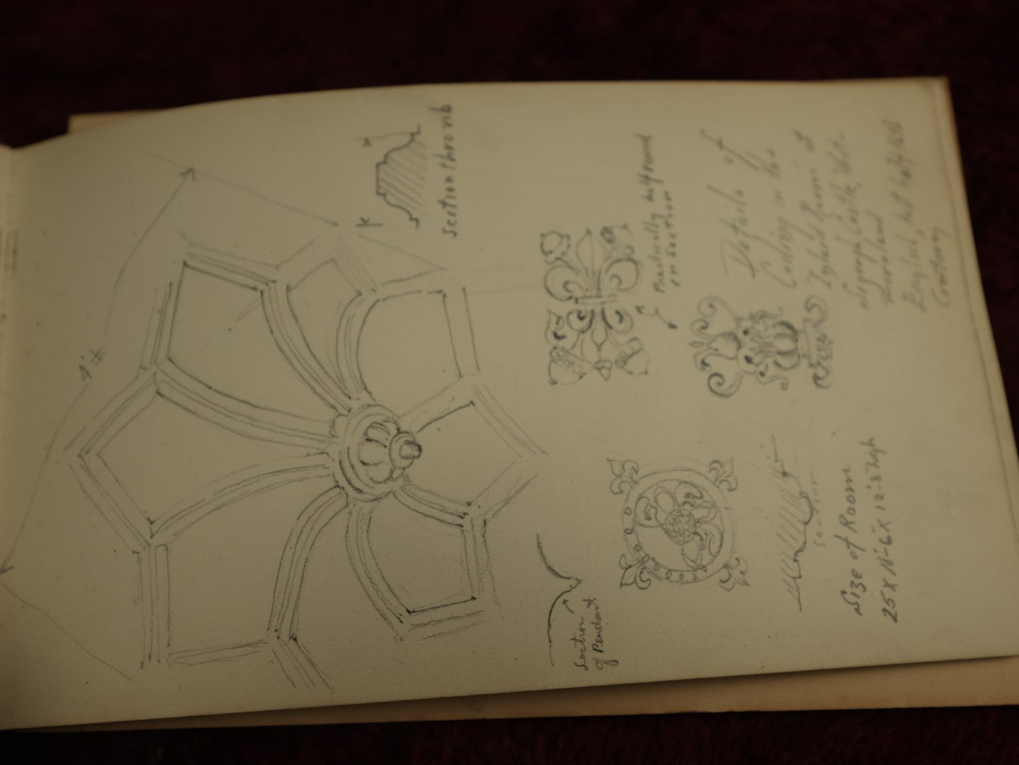 Lot 019 - Antique Architecture And Furniture Sketchbook, Containing Many Original Pencil Sketches Of Buildings, Furniture, Light Fixtures, And More, With Watercolors, Europe, Circa 1900 