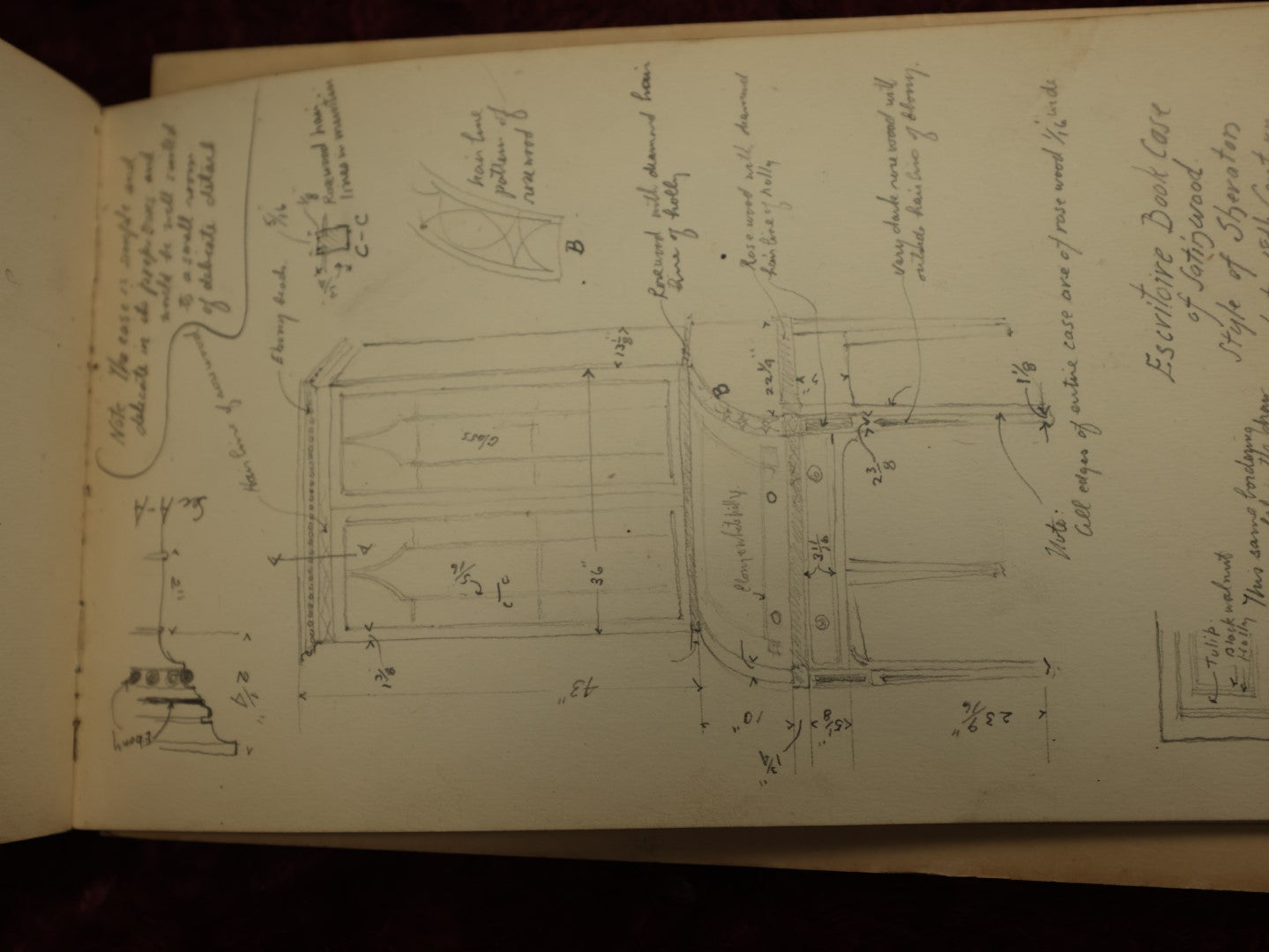 Lot 019 - Antique Architecture And Furniture Sketchbook, Containing Many Original Pencil Sketches Of Buildings, Furniture, Light Fixtures, And More, With Watercolors, Europe, Circa 1900 