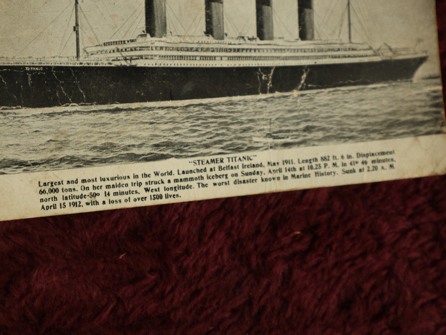 Lot 020 - Antique Postcard Of The "Steamer Titanic" Commemorating The 1912 Disaster, Note Heavy Bends And Wear, Marked Tichnor Brothers Inc.