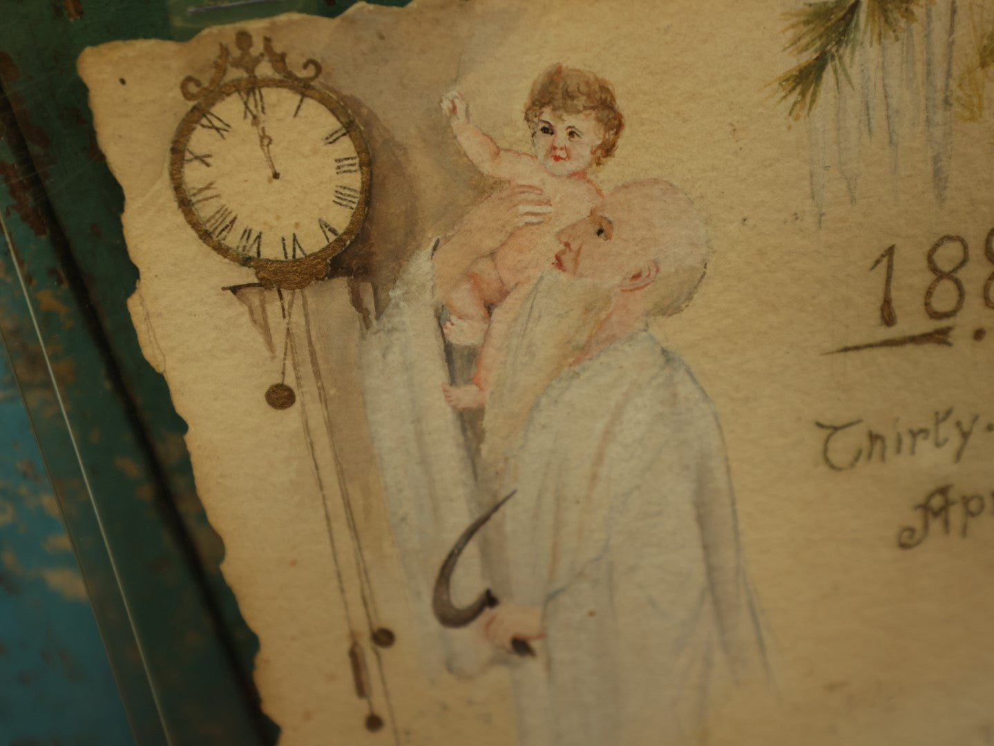 Lot 026 - Hand Painted 1888 Calendar Poem With Father Time, Holding A Sickle, Holding A Baby Child Up To Clock