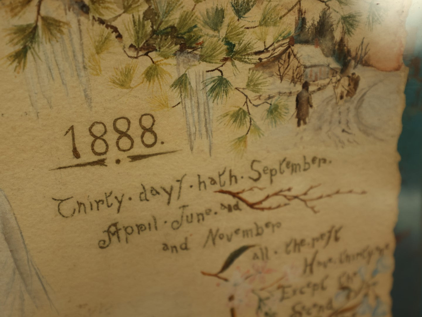Lot 026 - Hand Painted 1888 Calendar Poem With Father Time, Holding A Sickle, Holding A Baby Child Up To Clock