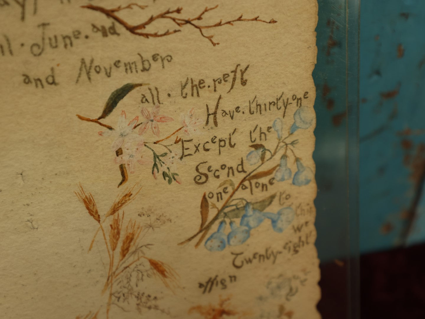 Lot 026 - Hand Painted 1888 Calendar Poem With Father Time, Holding A Sickle, Holding A Baby Child Up To Clock