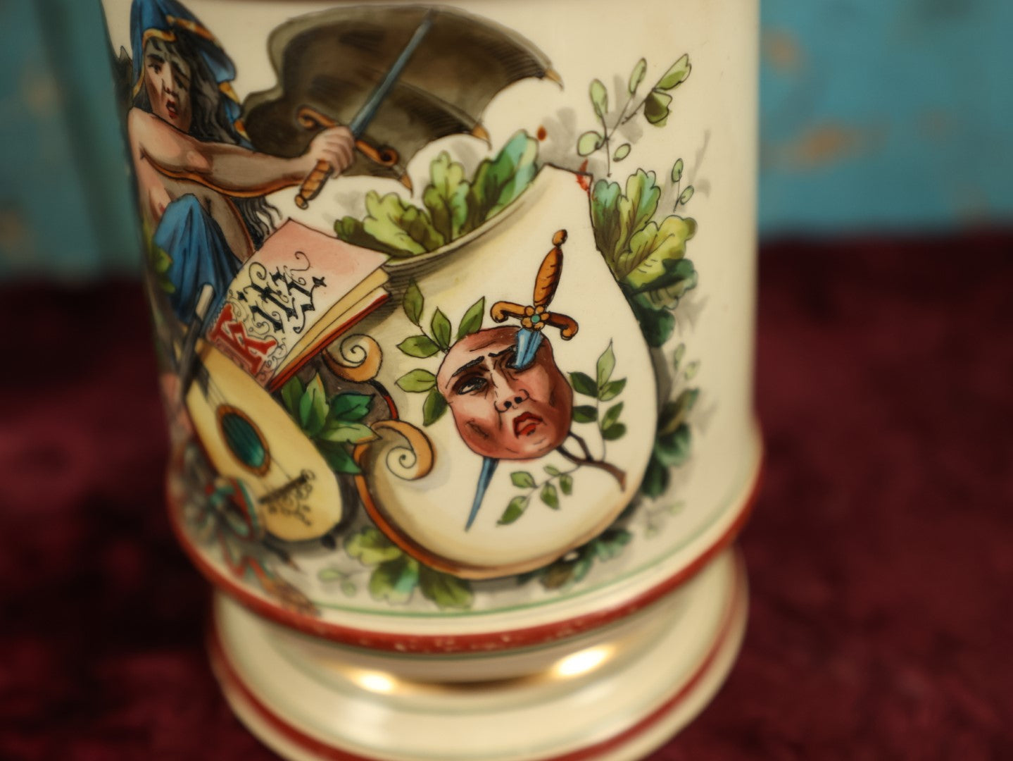 Lot 027 - Antique 1905 German Stein Having To Do With A Social Club, Featuring Winged Bat-Like Woman, Face Impaled Through Eye Ball, Augsburg Coat Of Arms, Signed Jos. (Joseph) Weber, Augsburg, With Markings