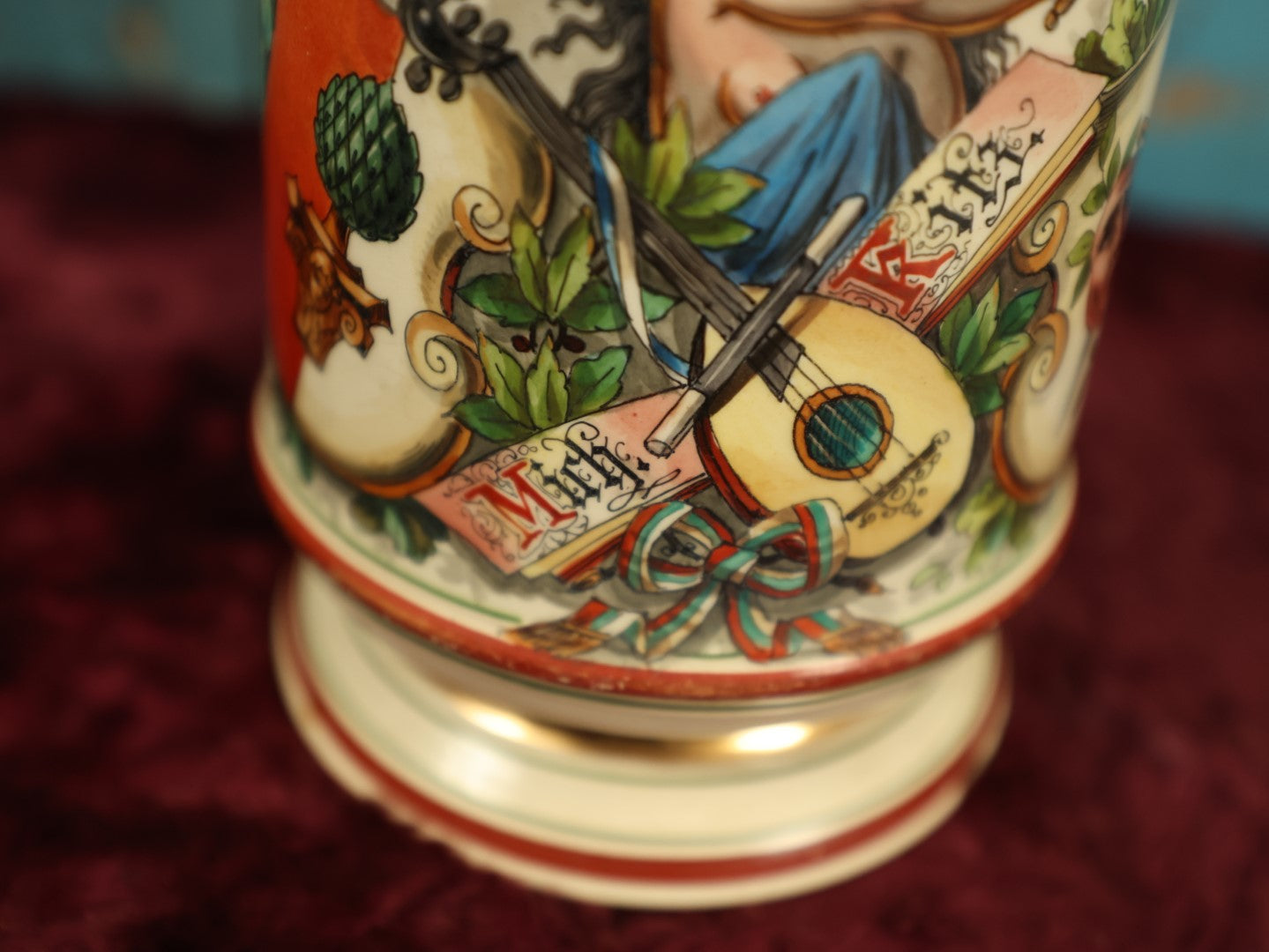 Lot 027 - Antique 1905 German Stein Having To Do With A Social Club, Featuring Winged Bat-Like Woman, Face Impaled Through Eye Ball, Augsburg Coat Of Arms, Signed Jos. (Joseph) Weber, Augsburg, With Markings