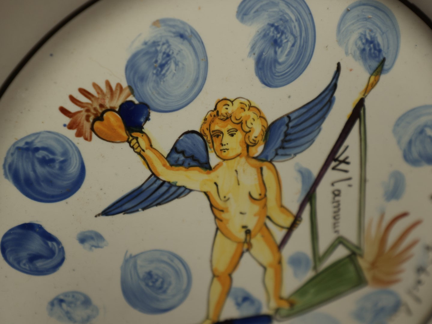 Lot 030 - Antique Hand Painted French Porcelain Plate With Text Translating To, "It's Time To Make A Little Baby," "Long Live Love," Marked 1791, Mark On Bottom, Note Chipping Throughout