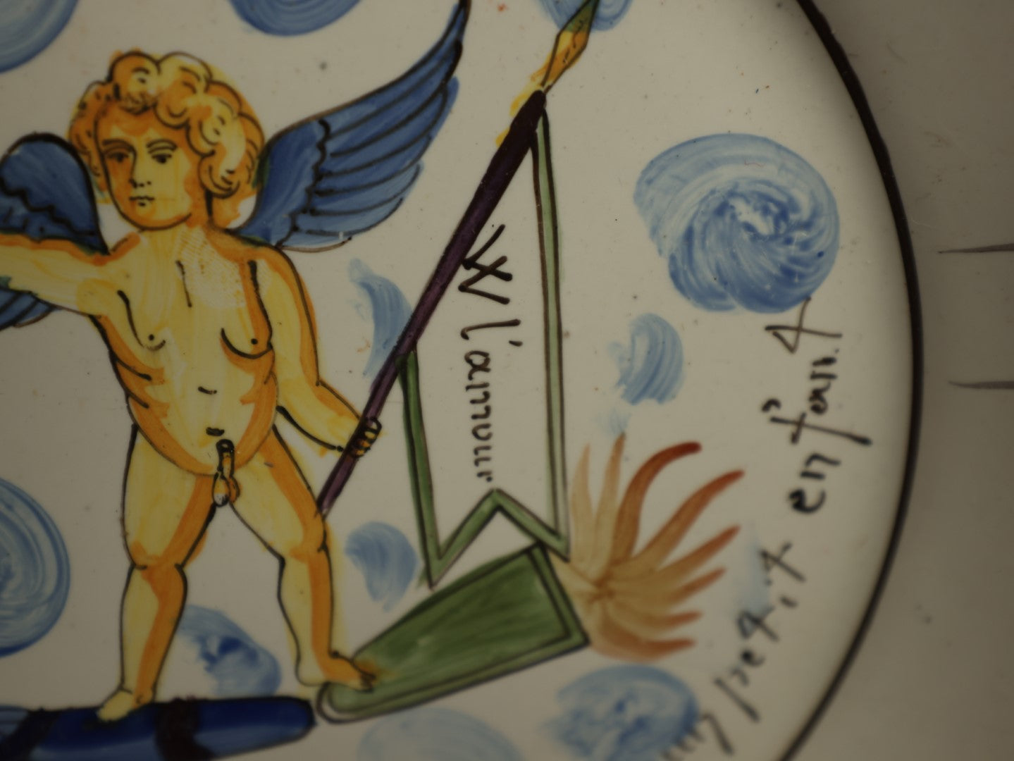 Lot 030 - Antique Hand Painted French Porcelain Plate With Text Translating To, "It's Time To Make A Little Baby," "Long Live Love," Marked 1791, Mark On Bottom, Note Chipping Throughout