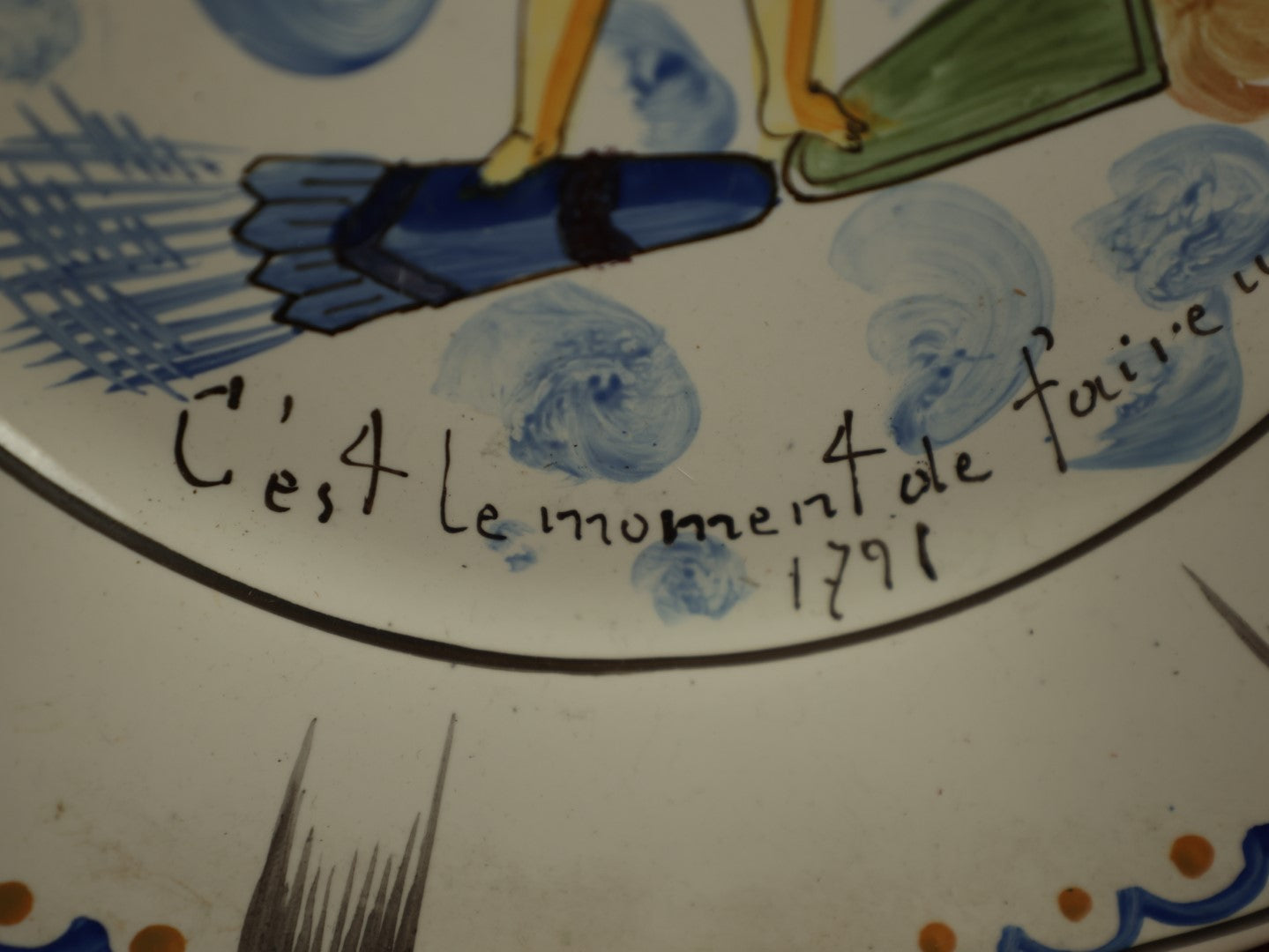 Lot 030 - Antique Hand Painted French Porcelain Plate With Text Translating To, "It's Time To Make A Little Baby," "Long Live Love," Marked 1791, Mark On Bottom, Note Chipping Throughout