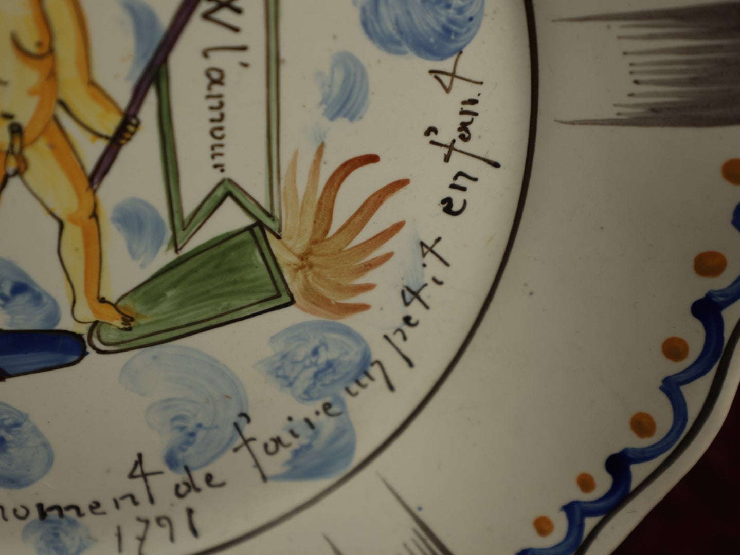 Lot 030 - Antique Hand Painted French Porcelain Plate With Text Translating To, "It's Time To Make A Little Baby," "Long Live Love," Marked 1791, Mark On Bottom, Note Chipping Throughout