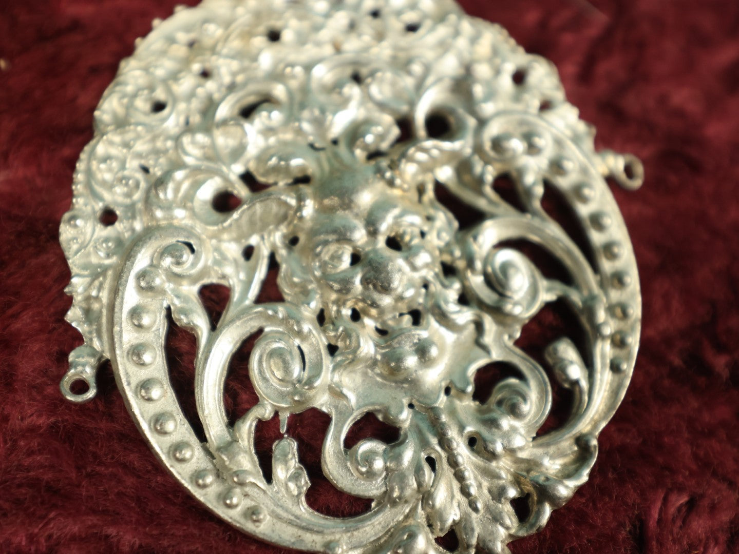 Lot 031 - Vintage Ornate Cast Metal Medallion With Demon Face, Bacchus, Jewelry Fragment
