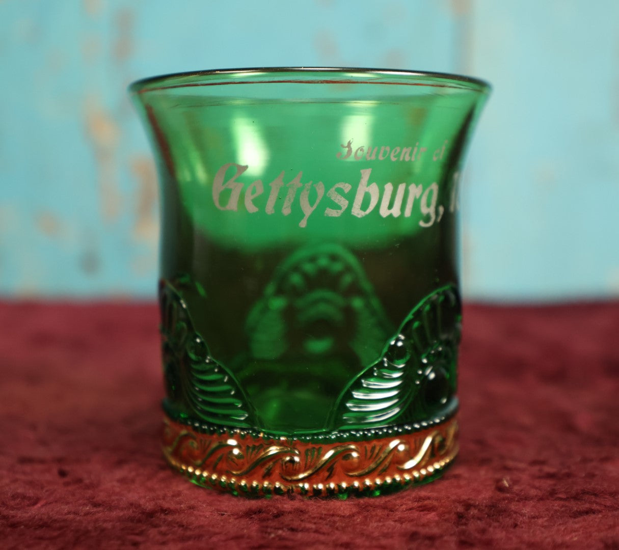 Lot 032 - Early American Pattern Glass (E.A.P.G.) Pressed Green Glass Gettysburg 1863 Commemorative Cup, Civil War Memento