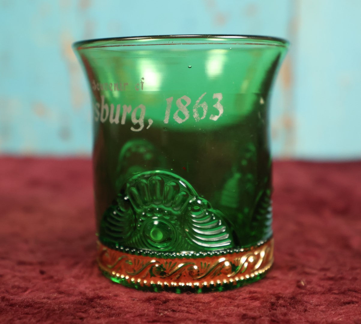 Lot 032 - Early American Pattern Glass (E.A.P.G.) Pressed Green Glass Gettysburg 1863 Commemorative Cup, Civil War Memento