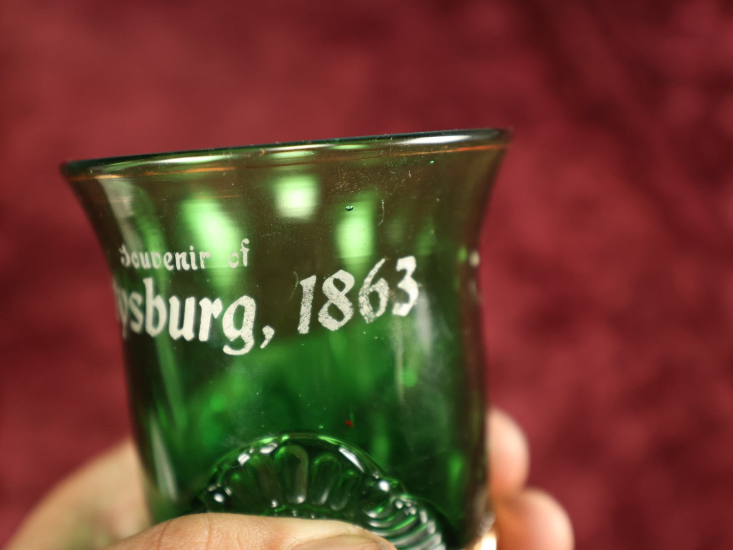 Lot 032 - Early American Pattern Glass (E.A.P.G.) Pressed Green Glass Gettysburg 1863 Commemorative Cup, Civil War Memento