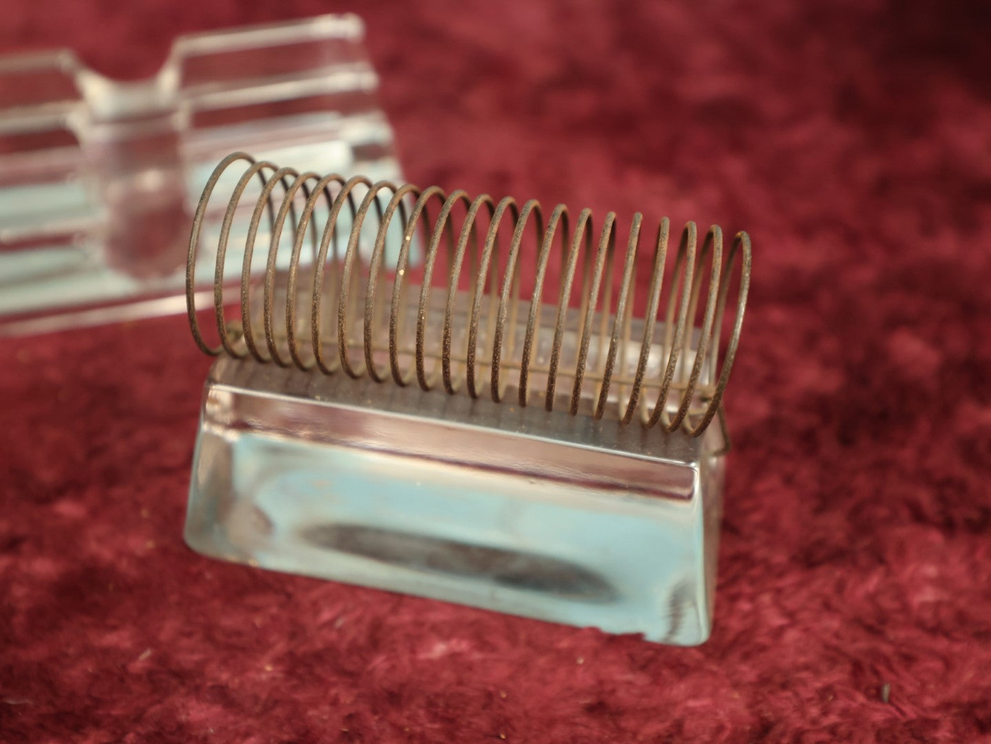 Lot 039 - Pair Of Antique Glass Desk Accessories, Including Coiled Spring "Adairack" Letter Holder By Cushman And Denison Manufacturing Company