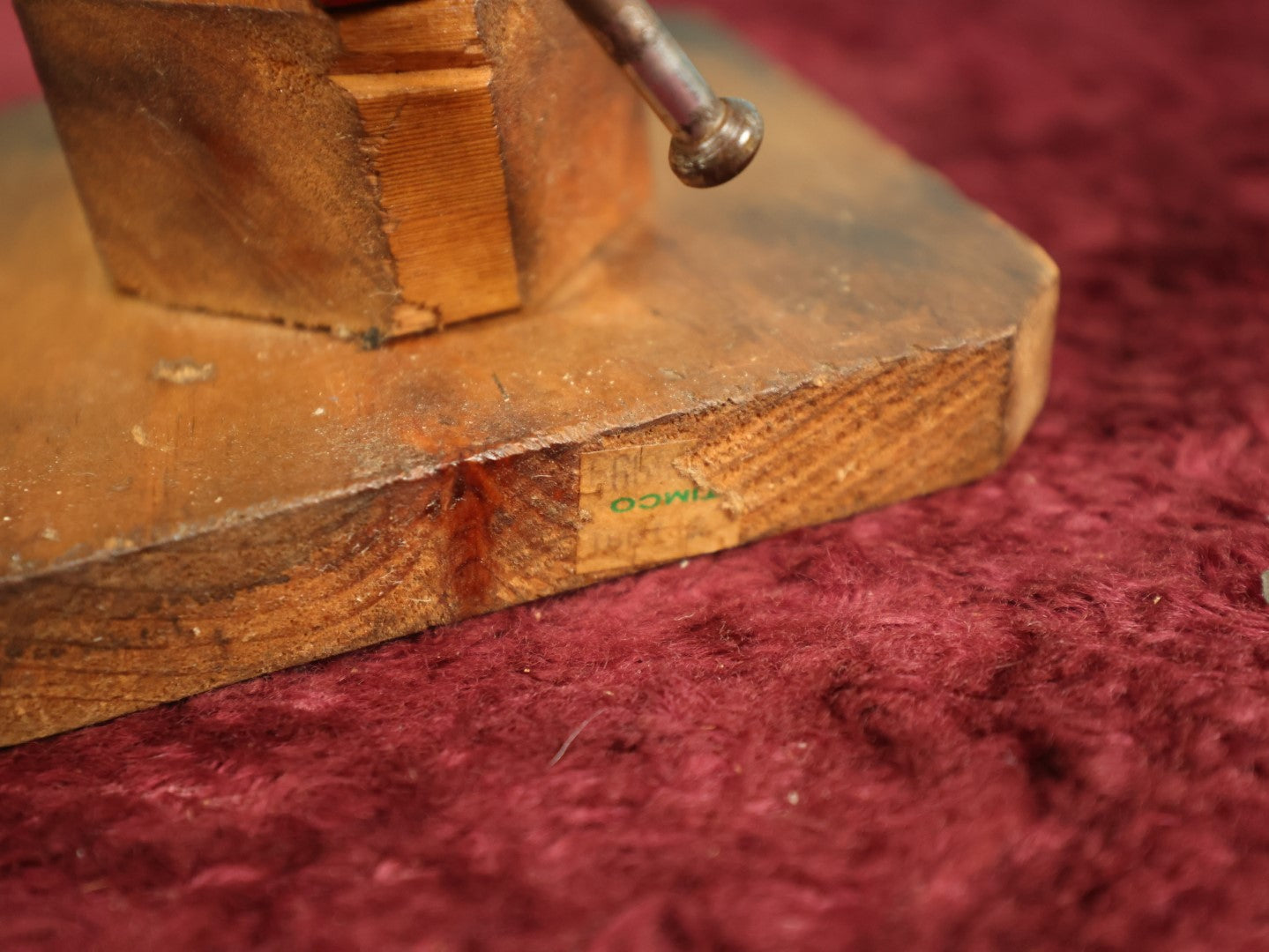 Lot 040 - Vintage Jeweler's Vice With Red Paint, Mounted On Two Tier Wood Block Stand