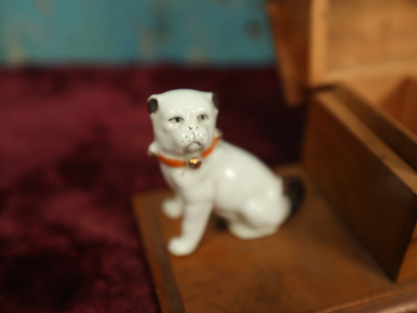 Lot 047 - Antique Folk Art Pen Rest, Inkwell, And Stamp Holder With Lift Top Dog House And Small Porcelain Dog, Missing One Pen Holder Hook, Various Wear, Glass Inkwell
