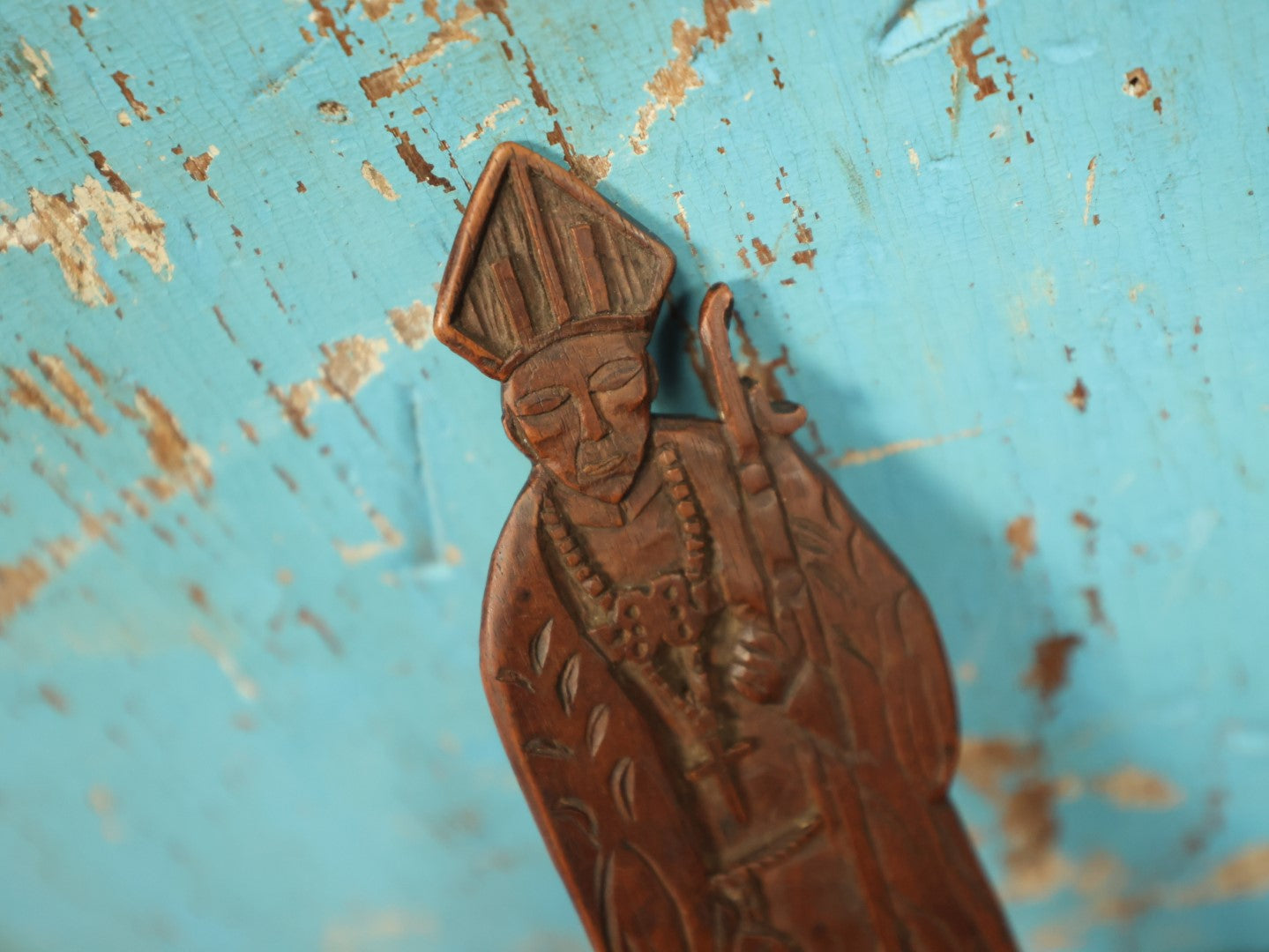 Lot 048 - Antique Hand Carved Folk Art Wooden Priest, Pope With Staff, Note Chipping, Losses