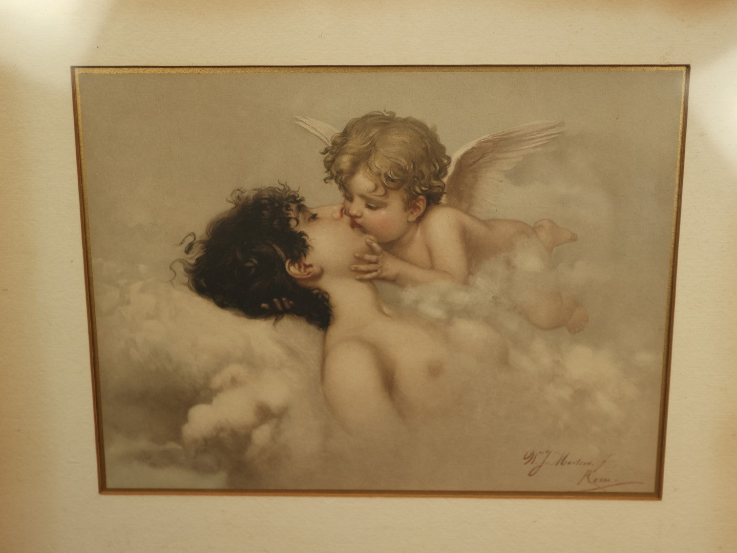 Lot 053 - Antique Color Print Of Willem Johann "J.M." Marten's "Cupid's Kiss," Psyche Kissing Cupid, Nude