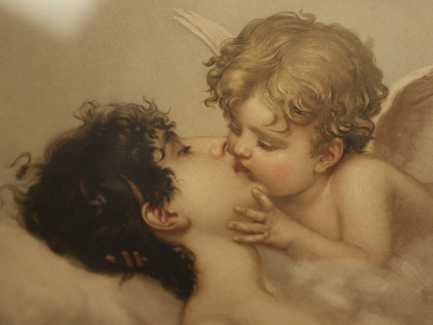 Lot 053 - Antique Color Print Of Willem Johann "J.M." Marten's "Cupid's Kiss," Psyche Kissing Cupid, Nude