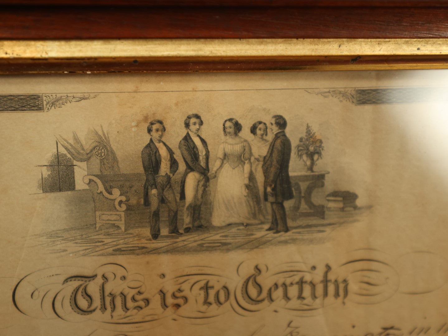Lot 056 - Antique Holy Matrimony Certificate, Casea B. Edgerly (Bennington, NH) & Maria Mc Cuffee (Rochester, NH), 1852, Minister Henry H. Hartwell, Witness Flora Ann Hartwel, Printed by Wellstood, Benson, & Hanks, New York