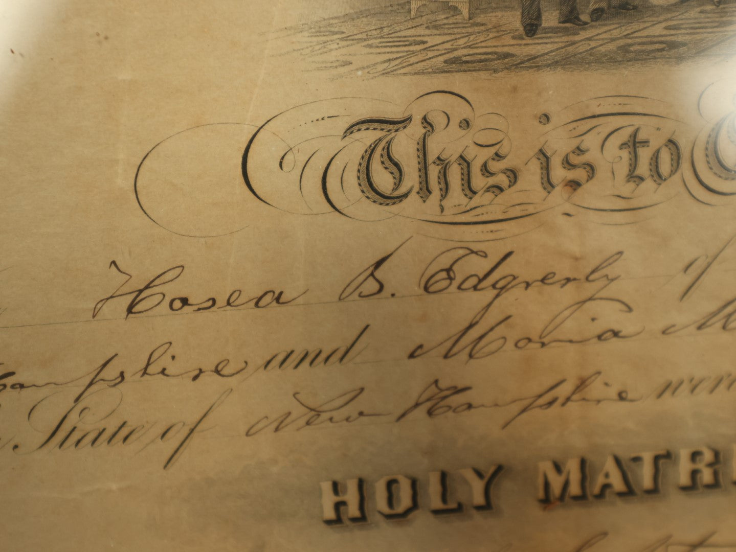 Lot 056 - Antique Holy Matrimony Certificate, Casea B. Edgerly (Bennington, NH) & Maria Mc Cuffee (Rochester, NH), 1852, Minister Henry H. Hartwell, Witness Flora Ann Hartwel, Printed by Wellstood, Benson, & Hanks, New York