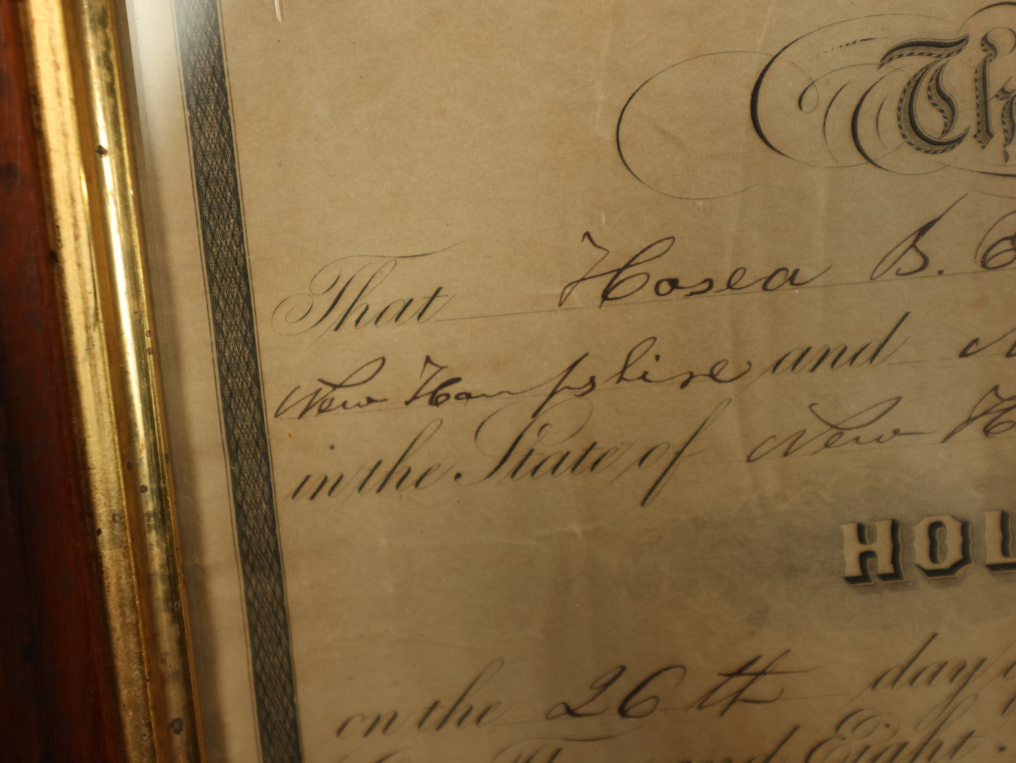 Lot 056 - Antique Holy Matrimony Certificate, Casea B. Edgerly (Bennington, NH) & Maria Mc Cuffee (Rochester, NH), 1852, Minister Henry H. Hartwell, Witness Flora Ann Hartwel, Printed by Wellstood, Benson, & Hanks, New York