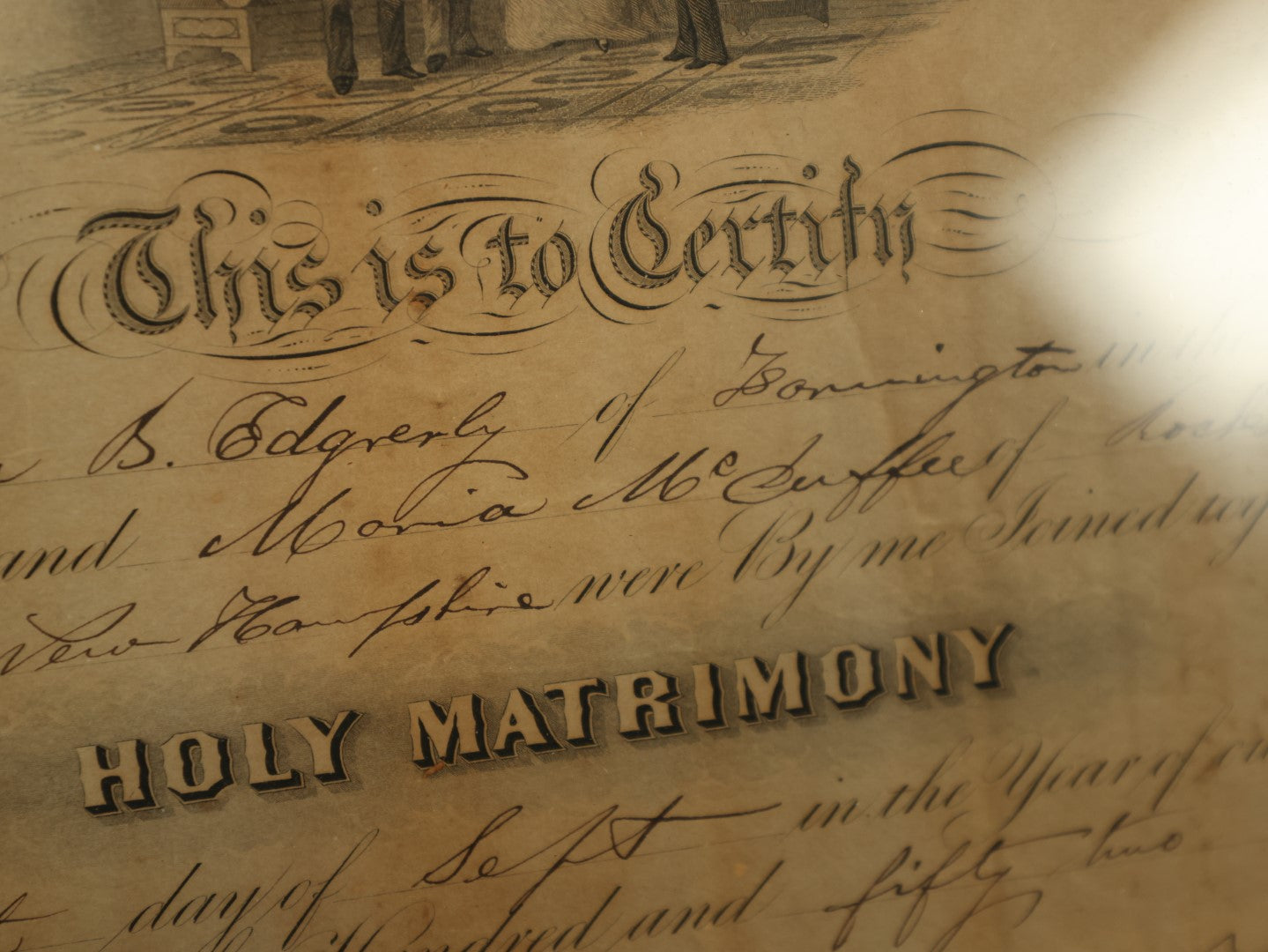 Lot 056 - Antique Holy Matrimony Certificate, Casea B. Edgerly (Bennington, NH) & Maria Mc Cuffee (Rochester, NH), 1852, Minister Henry H. Hartwell, Witness Flora Ann Hartwel, Printed by Wellstood, Benson, & Hanks, New York