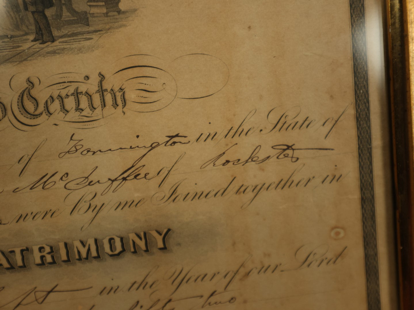 Lot 056 - Antique Holy Matrimony Certificate, Casea B. Edgerly (Bennington, NH) & Maria Mc Cuffee (Rochester, NH), 1852, Minister Henry H. Hartwell, Witness Flora Ann Hartwel, Printed by Wellstood, Benson, & Hanks, New York