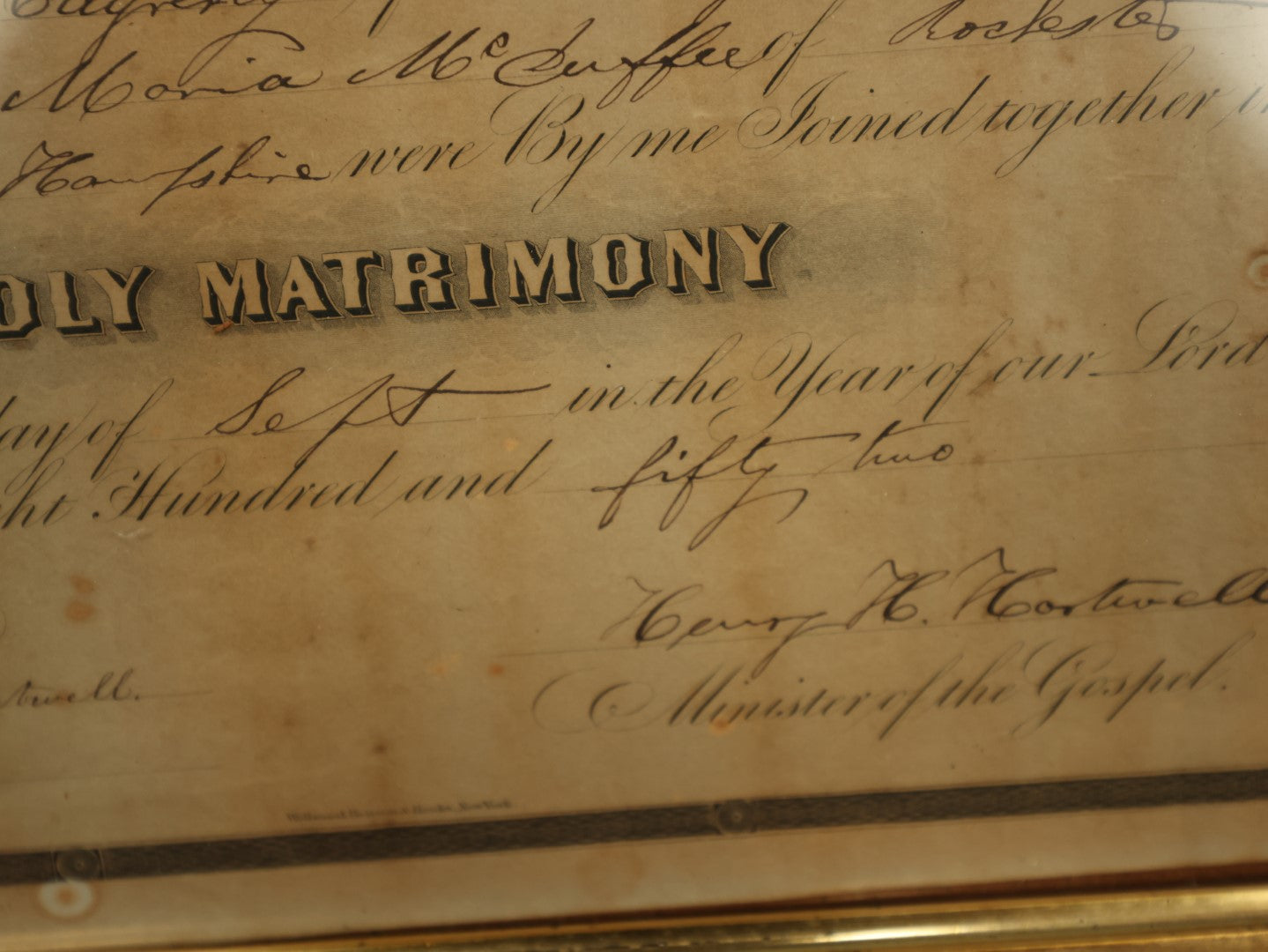 Lot 056 - Antique Holy Matrimony Certificate, Casea B. Edgerly (Bennington, NH) & Maria Mc Cuffee (Rochester, NH), 1852, Minister Henry H. Hartwell, Witness Flora Ann Hartwel, Printed by Wellstood, Benson, & Hanks, New York