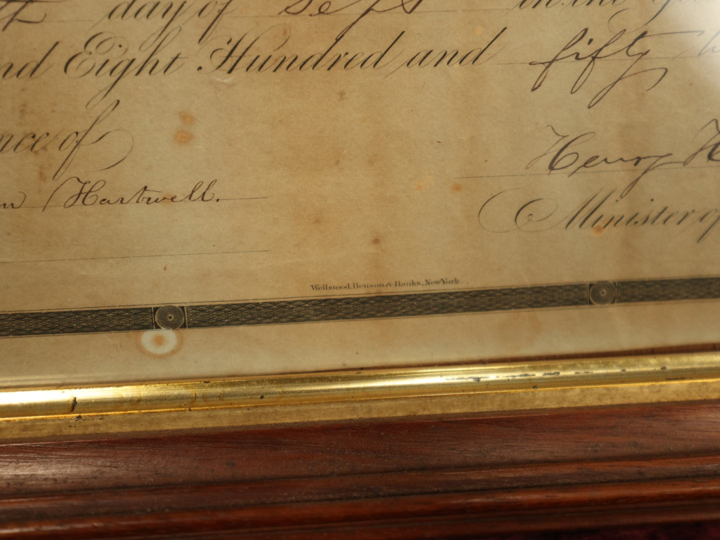 Lot 056 - Antique Holy Matrimony Certificate, Casea B. Edgerly (Bennington, NH) & Maria Mc Cuffee (Rochester, NH), 1852, Minister Henry H. Hartwell, Witness Flora Ann Hartwel, Printed by Wellstood, Benson, & Hanks, New York