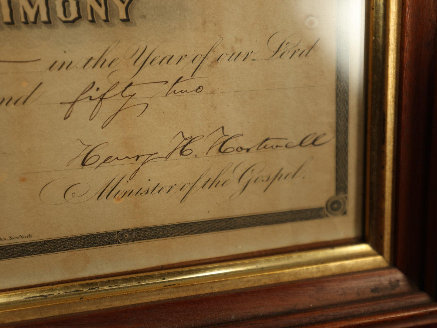 Lot 056 - Antique Holy Matrimony Certificate, Casea B. Edgerly (Bennington, NH) & Maria Mc Cuffee (Rochester, NH), 1852, Minister Henry H. Hartwell, Witness Flora Ann Hartwel, Printed by Wellstood, Benson, & Hanks, New York