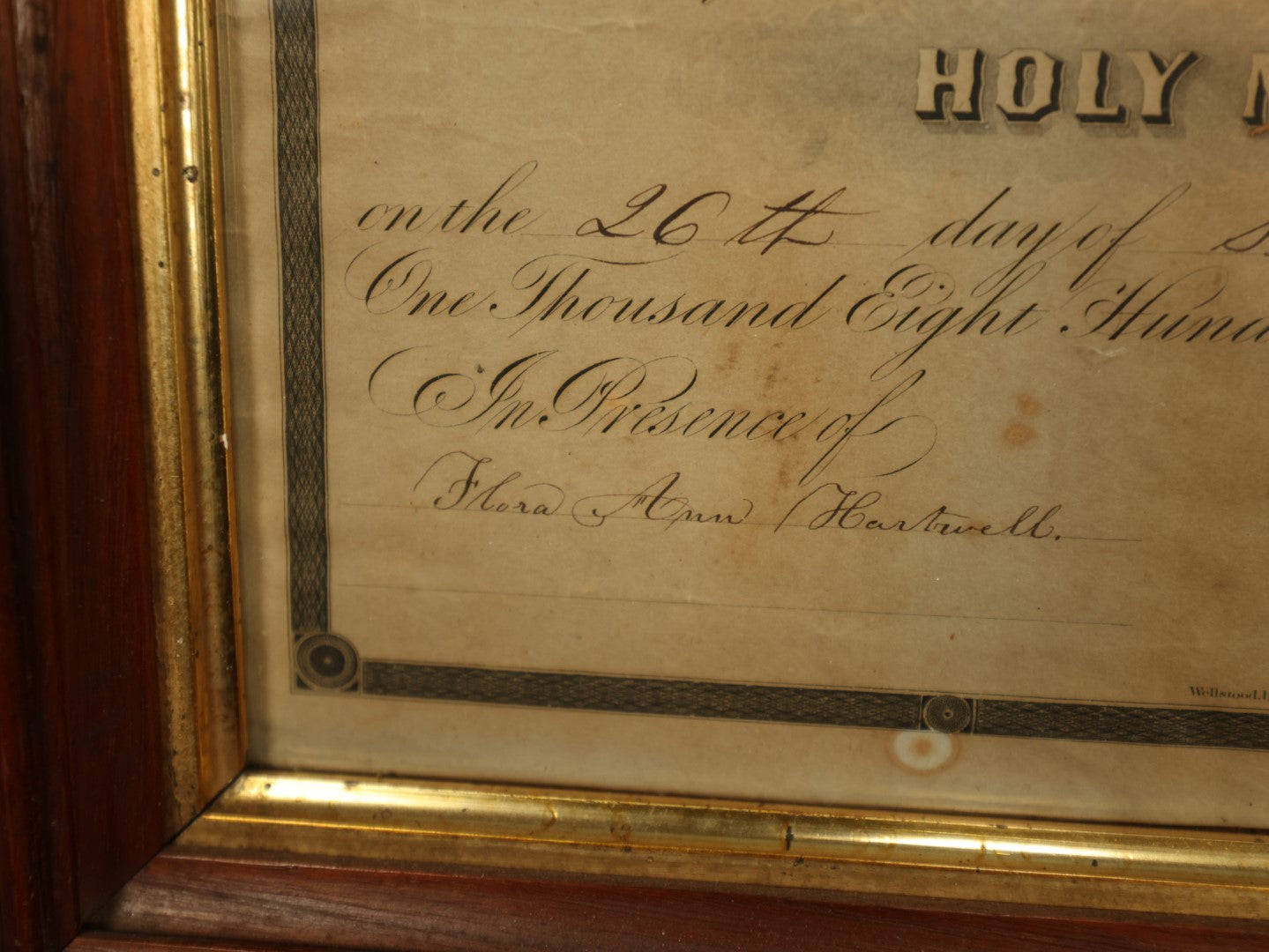 Lot 056 - Antique Holy Matrimony Certificate, Casea B. Edgerly (Bennington, NH) & Maria Mc Cuffee (Rochester, NH), 1852, Minister Henry H. Hartwell, Witness Flora Ann Hartwel, Printed by Wellstood, Benson, & Hanks, New York