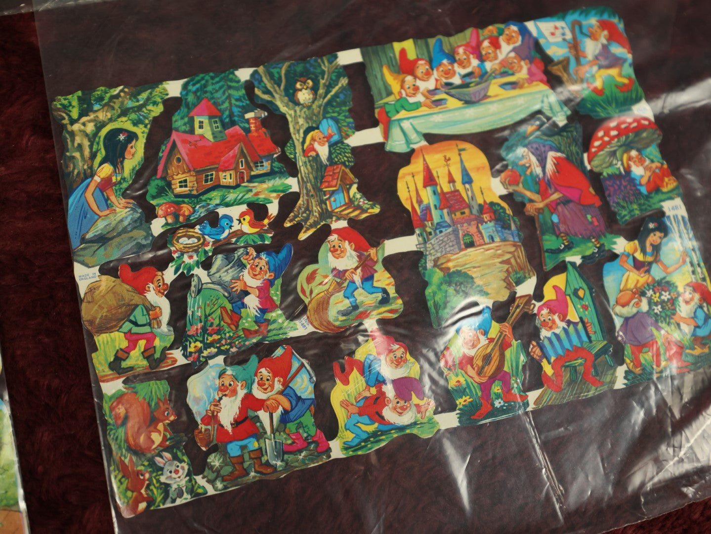 Lot 058 - Grouping Of Four Uncut Die Cut Scrapbooking Paper Sheets, Depicting Various Fairy Tales Including Snow White And More, Printed In Germany