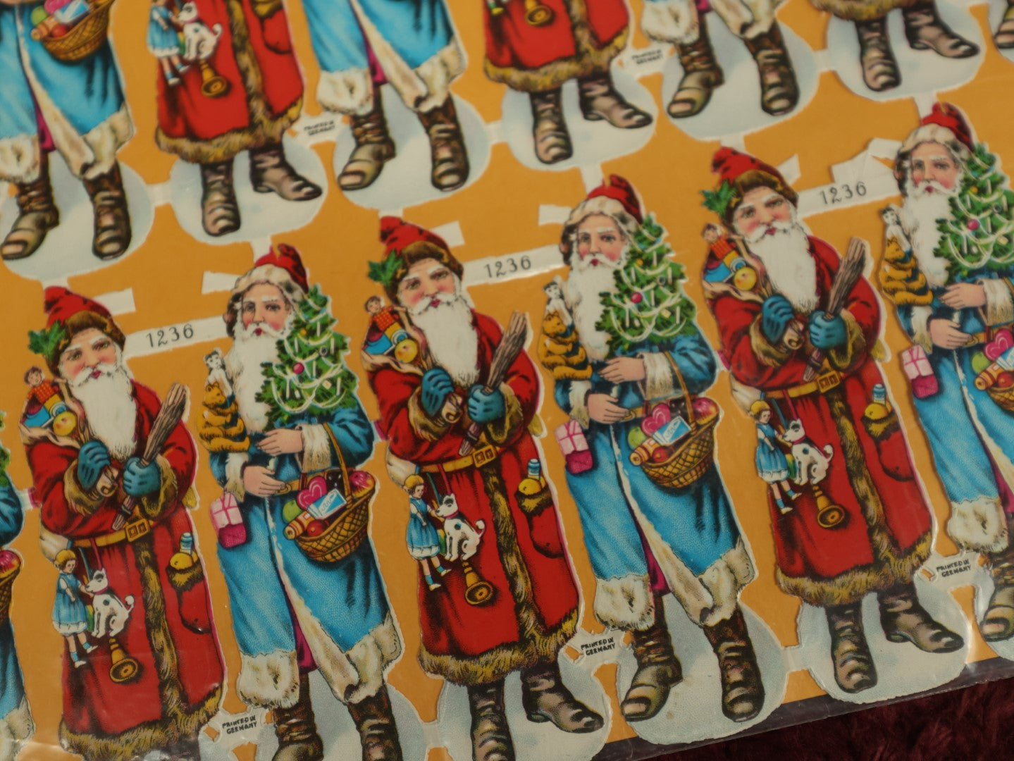 Lot 061 - Single Uncut Die Cut Scrapbooking Sheet With Santa Claus In Red And Blue, Holding Toys, Marked 1230, Made In Germany, Christmas