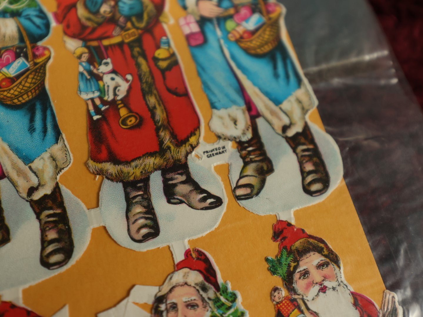 Lot 061 - Single Uncut Die Cut Scrapbooking Sheet With Santa Claus In Red And Blue, Holding Toys, Marked 1230, Made In Germany, Christmas