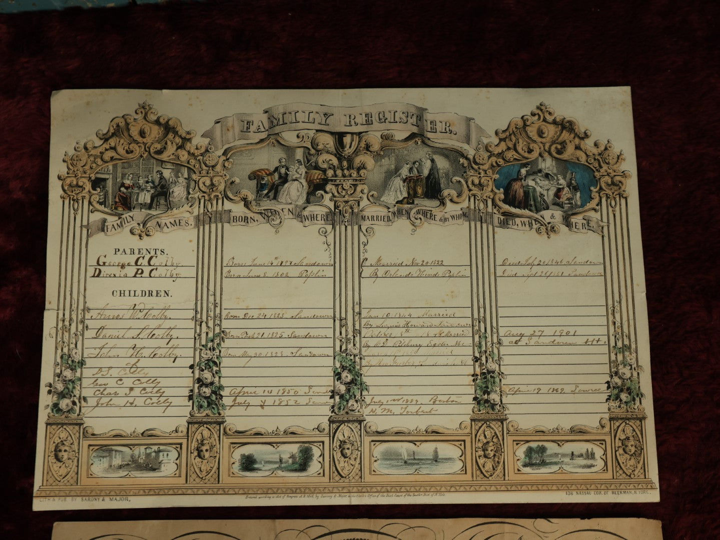 Lot 065 - Pair Of Unframed Hand Colored Family Register Lithographs, Family Of George C. Colby And Direxia P. Colby, And Leyman Newton And Lydia B. Newton
