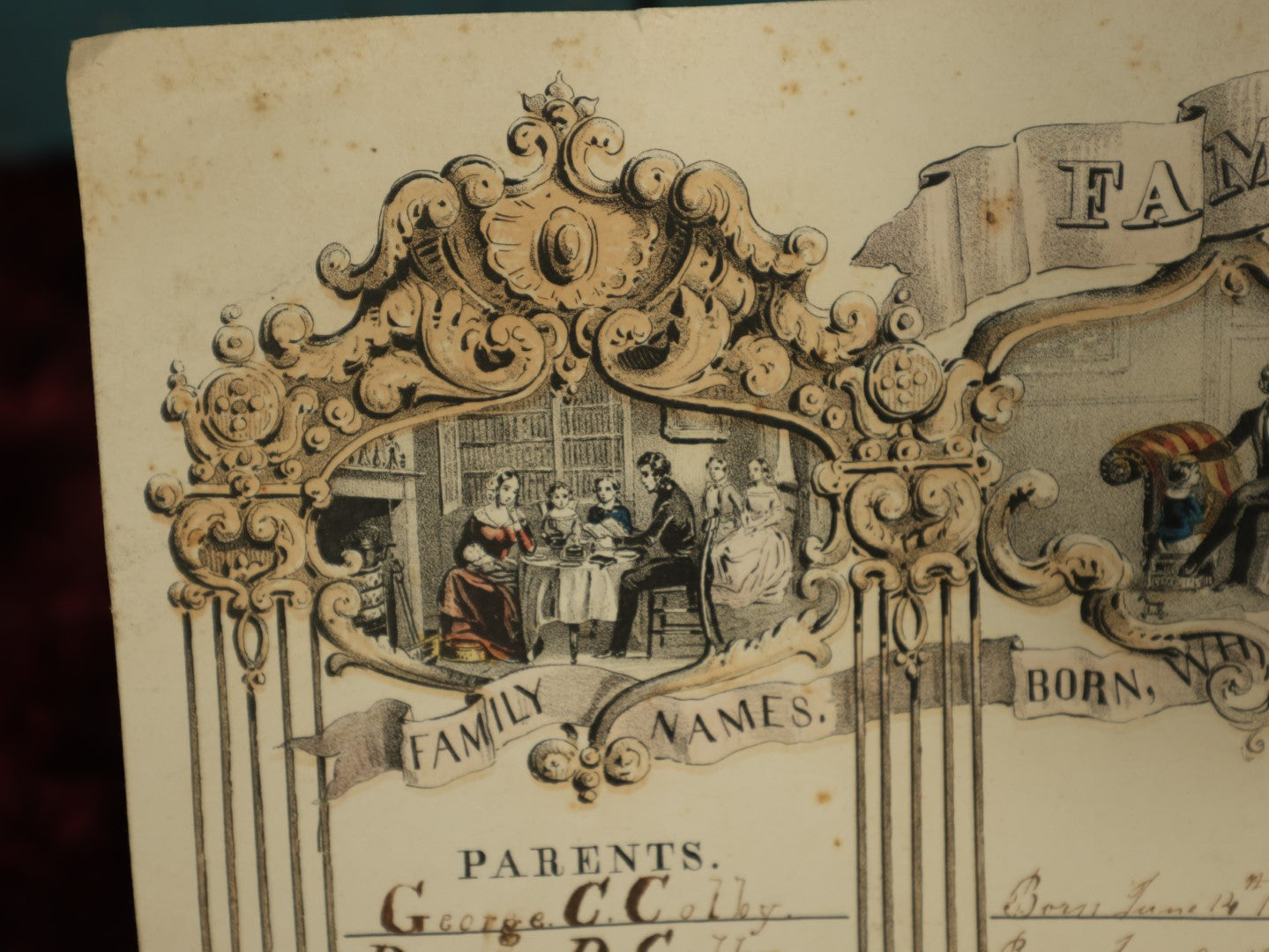 Lot 065 - Pair Of Unframed Hand Colored Family Register Lithographs, Family Of George C. Colby And Direxia P. Colby, And Leyman Newton And Lydia B. Newton