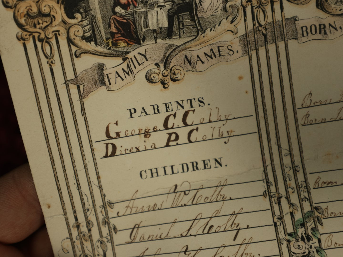 Lot 065 - Pair Of Unframed Hand Colored Family Register Lithographs, Family Of George C. Colby And Direxia P. Colby, And Leyman Newton And Lydia B. Newton