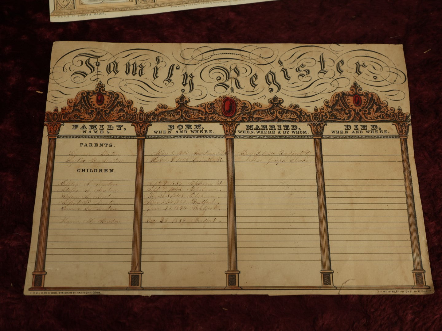 Lot 065 - Pair Of Unframed Hand Colored Family Register Lithographs, Family Of George C. Colby And Direxia P. Colby, And Leyman Newton And Lydia B. Newton
