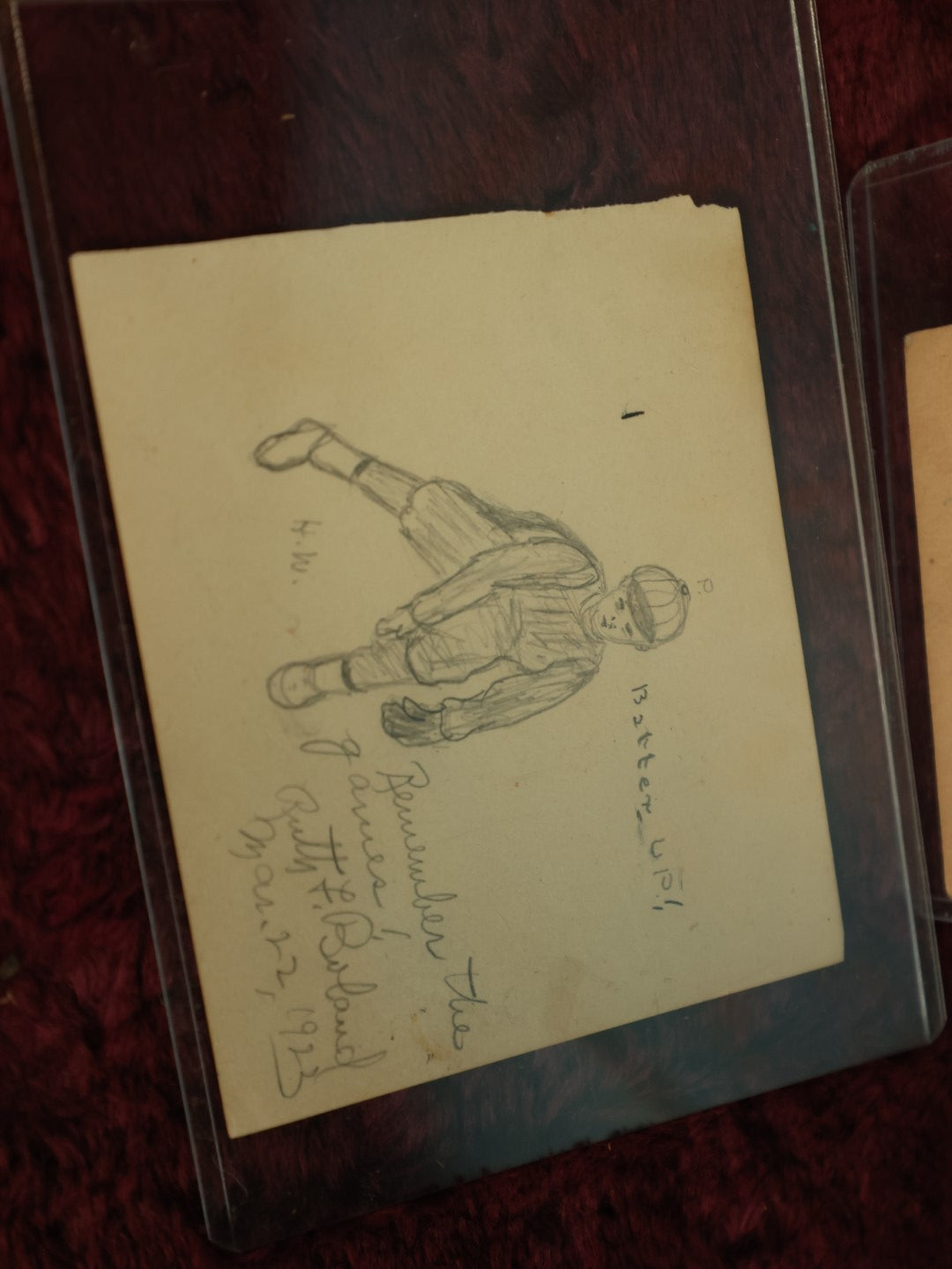 Lot 072 - Pair Of Original Comic Drawings - Hand Drawn Pen And Ink Valentine Of Kid, Pencil Sketch "Batter Up!" Of Baseball Player, Signed Ruth Boland, 1923