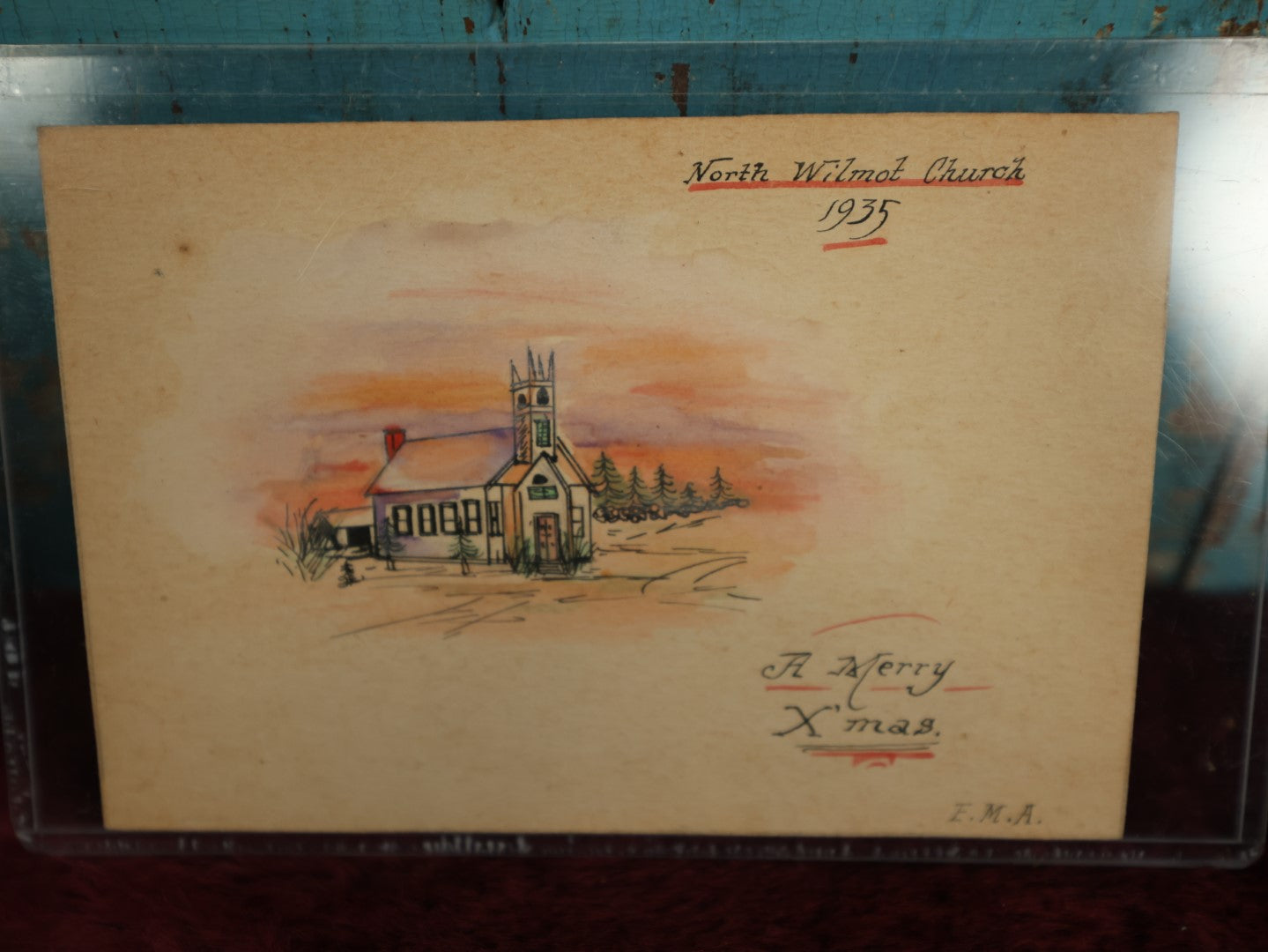 Lot 073 - Grouping Of Four Hand Painted Postcards And Scraps, North Wilmot Church, 1935 Signed E.M.A., Lake Pennesseewassee, Norway, Maine, Red Robins, And Happy New Year Winter Scene  