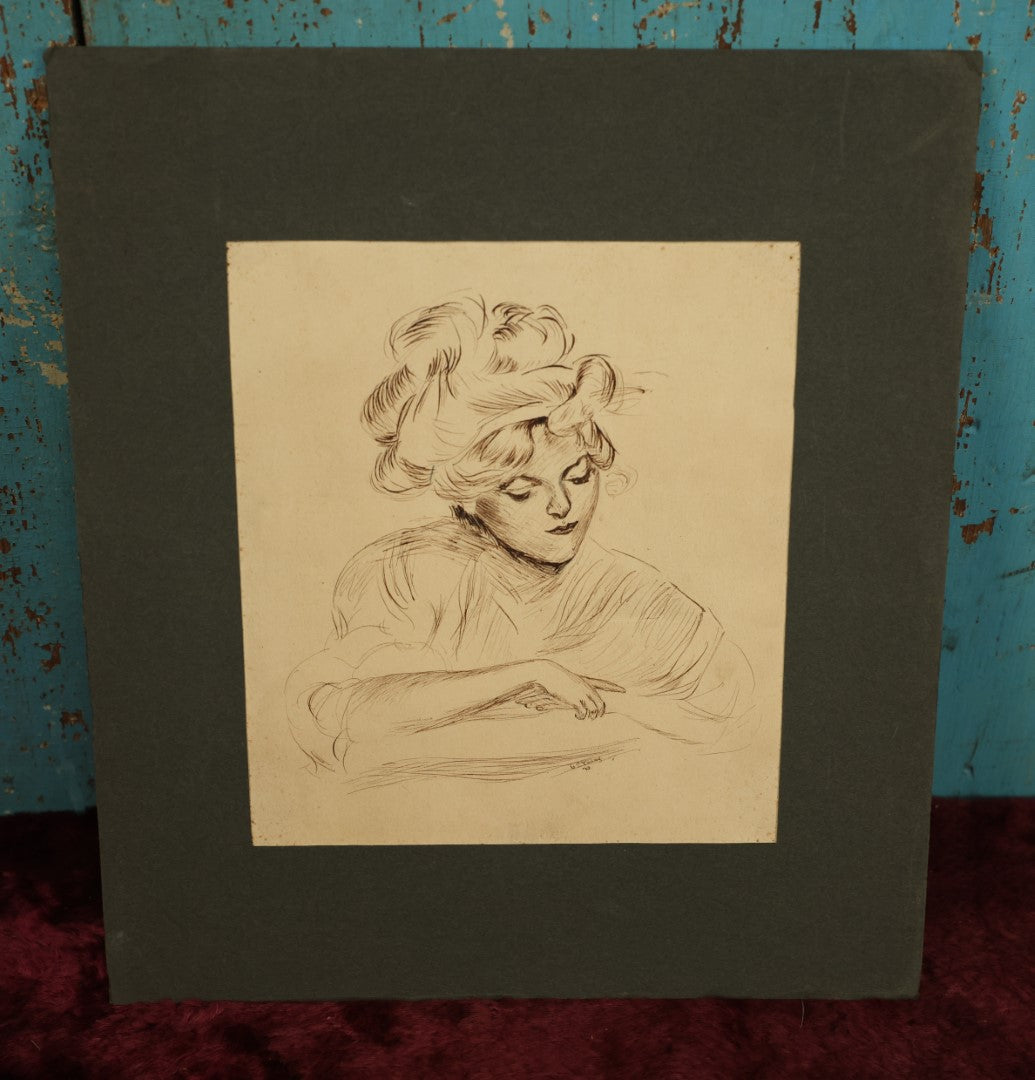 Lot 076 - Single Hand Drawn Pen And Ink Drawing Of Beautiful Woman, Signed G.T. Young, 1910