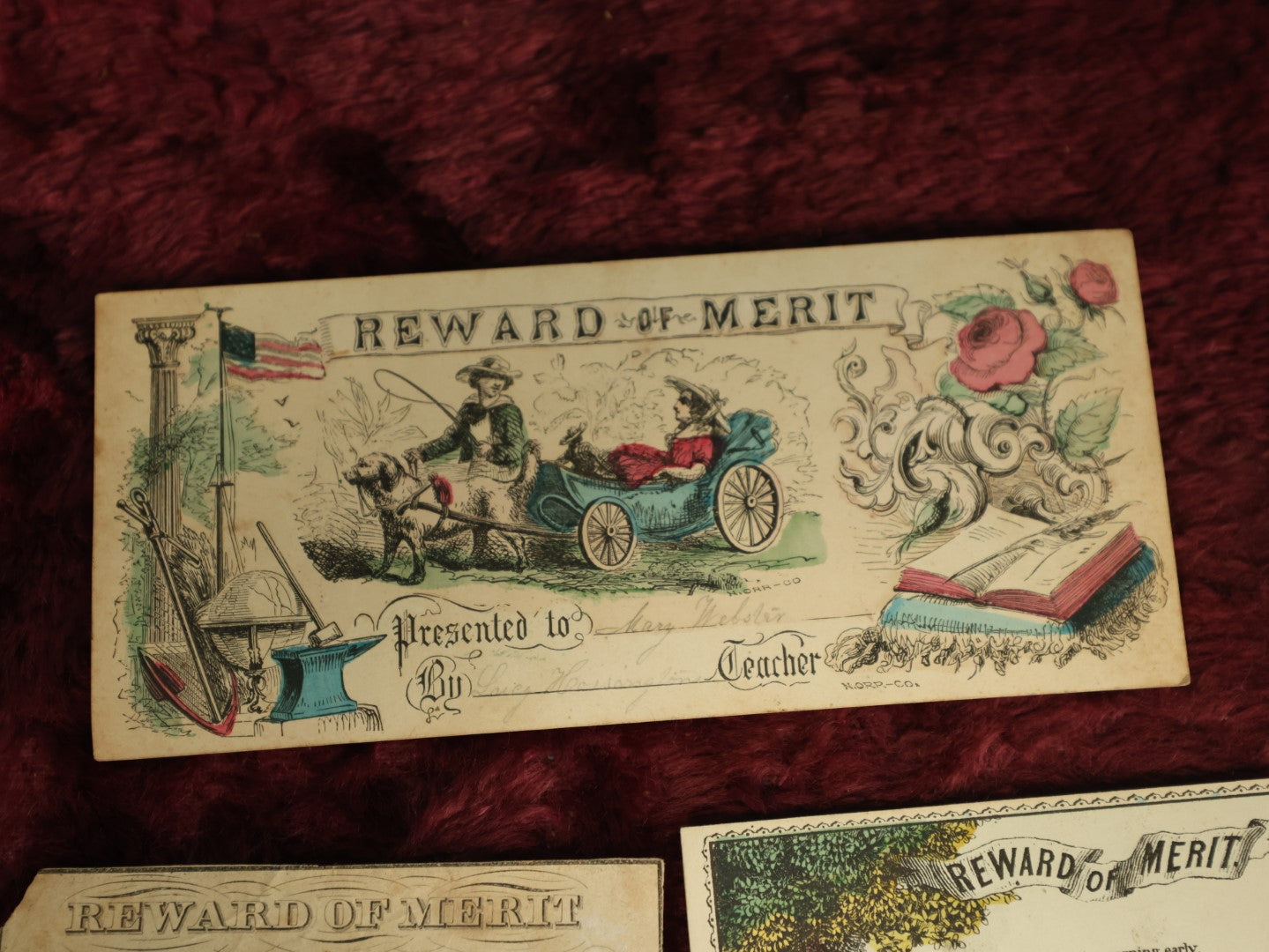 Lot 079 - Grouping Of Five Hand Colored Lithographed Rewards Of Merit, Late 19th Century