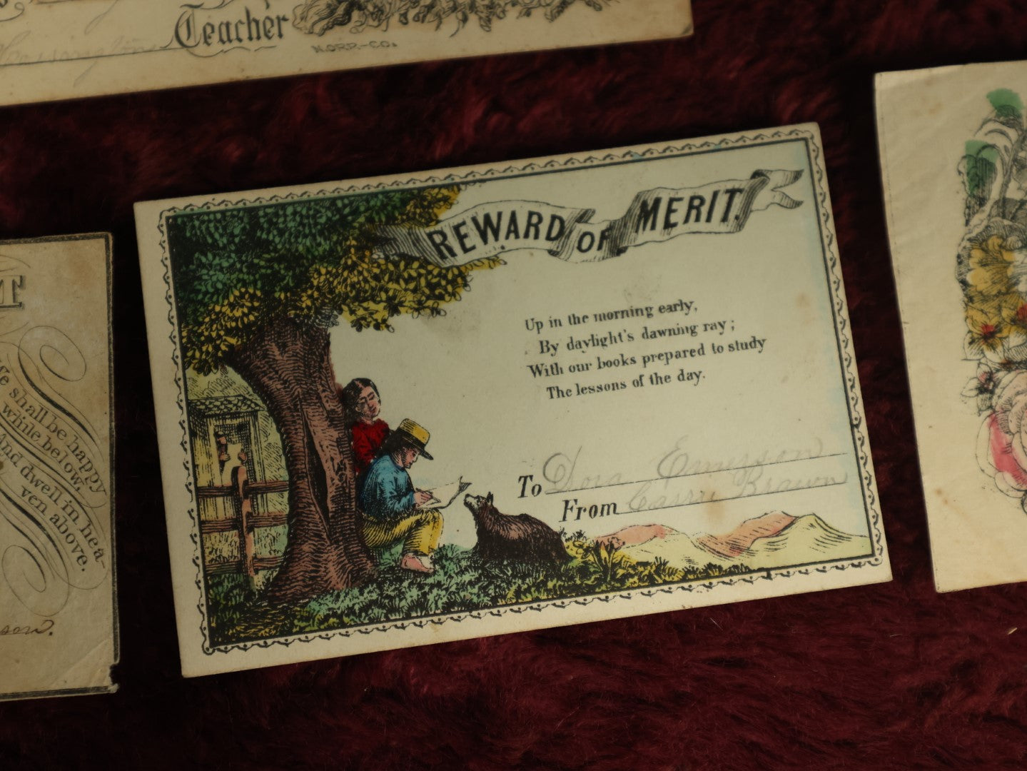 Lot 079 - Grouping Of Five Hand Colored Lithographed Rewards Of Merit, Late 19th Century
