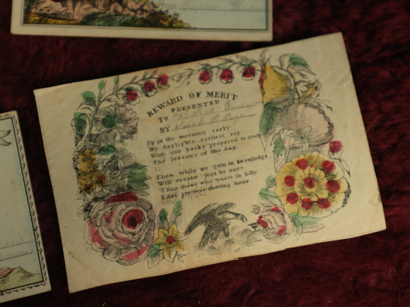 Lot 079 - Grouping Of Five Hand Colored Lithographed Rewards Of Merit, Late 19th Century