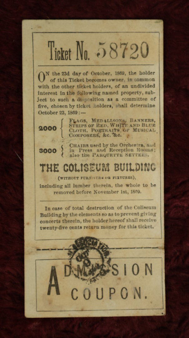 Lot 084 - Single Ephemera Piece, Lithographed Ticket From The Coliseum Association, Boston, For October 23Rd, 1869, Early Concert Ticket