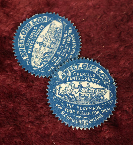 Lot 085 - Pair Of Ephemera Pieces, Advertising Sales Tags For Sweet Orr And Co. Overalls Pants And Shirts, Strictly Union Made